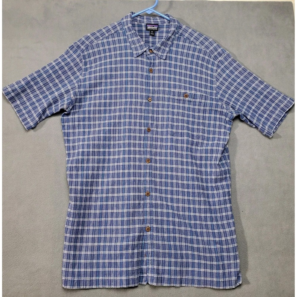 Patagonia Shirt Mens XL Blue White Check Short Sleeve Organic Cotton Worn Wear